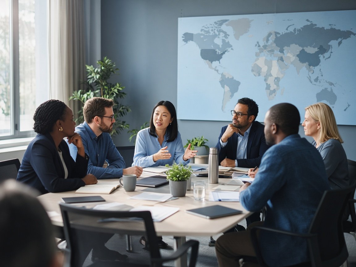 Equipo de cooperación internacional en una sesión de trabajo